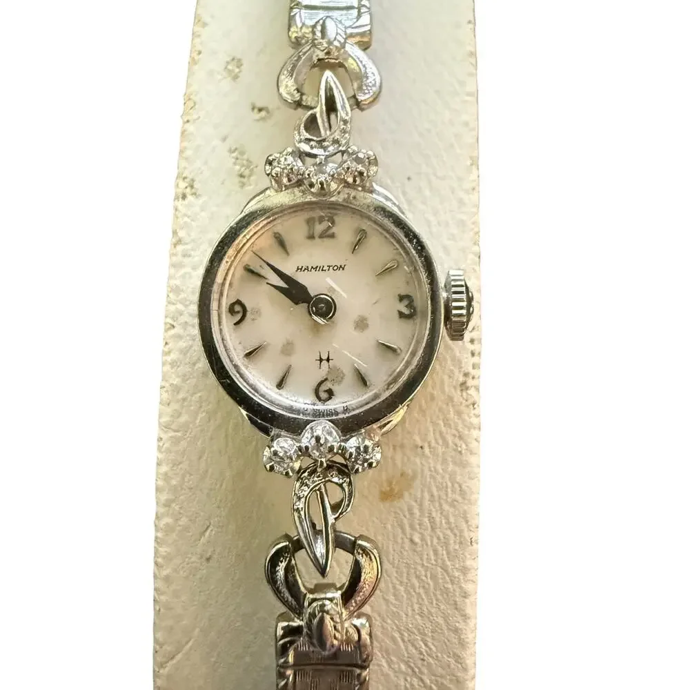 Hamilton Vintage 14K White Gold Diamond Ladies Watch - Working